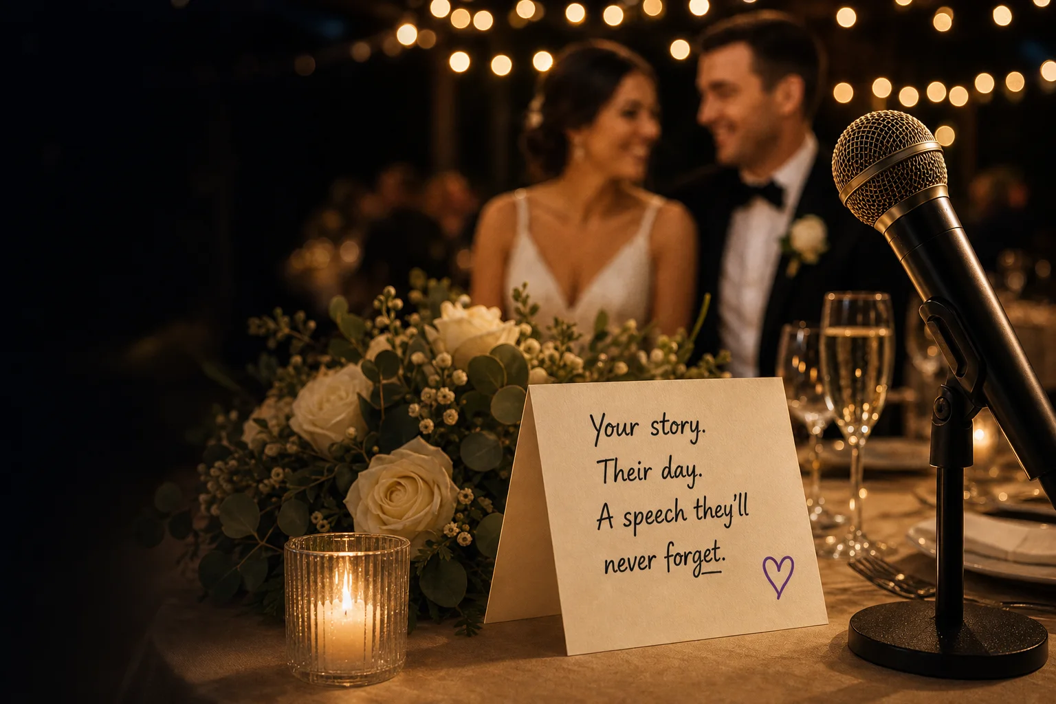 A wedding message card and standing microphone wait beside flowers while the newlyweds smile in the background